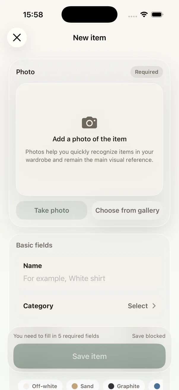New item form with photo, name, category, and color controls