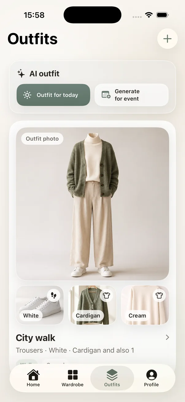 AI Wardrobe outfits screen with AI actions and a saved city-walk outfit