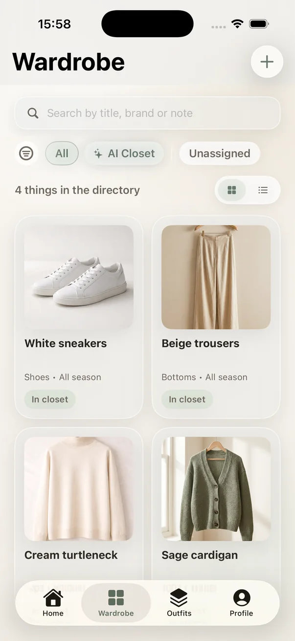 AI Wardrobe showing a photo grid of four wardrobe items